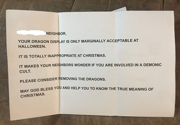 Rude note for neighbor regarding their dragon lawn ornament